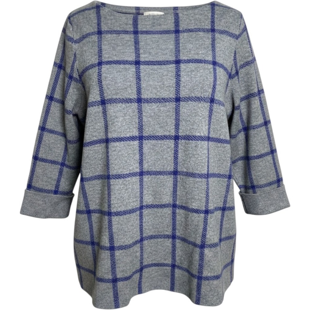 Cynthia Rowley‎ Woman Gray Blue Windowpane Plaid Knit Sweater Top 1X Boat Neck
